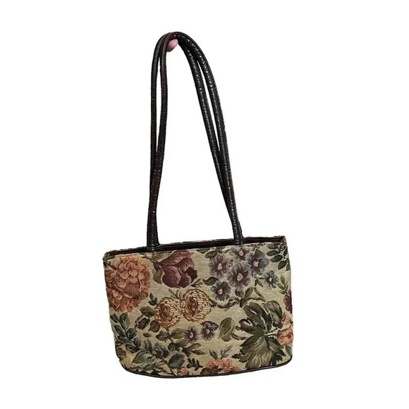 Vintage Bueno Tapestry Cottage Bag Shoulder Handbag Floral Brown Purse Medium - Picture 2 of 10
